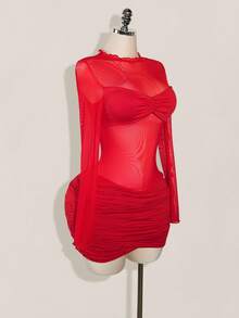 SHEIN ICON 女式纯色网眼拼布透明褶饰长袖迷你连衣裙 - 紅色 - 查看 3