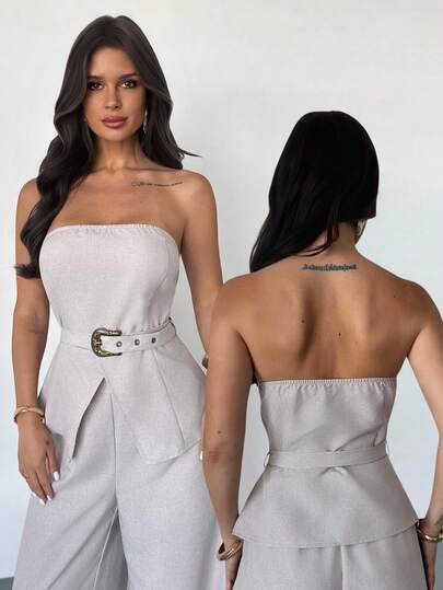 Firerie 女士优雅简约卡其色纯色金属扣吊带背心上衣，适合春夏季通勤、优雅、性感、音乐节