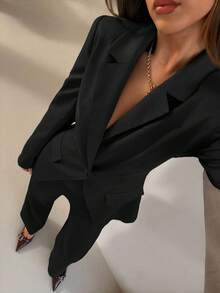 Aloruh Bộ quần áo blazer và quần tây trơn màu dành cho nữ, thời trang đi làm khi đi làm mùa thu đông dành cho nữ - màu đen - Xem 6