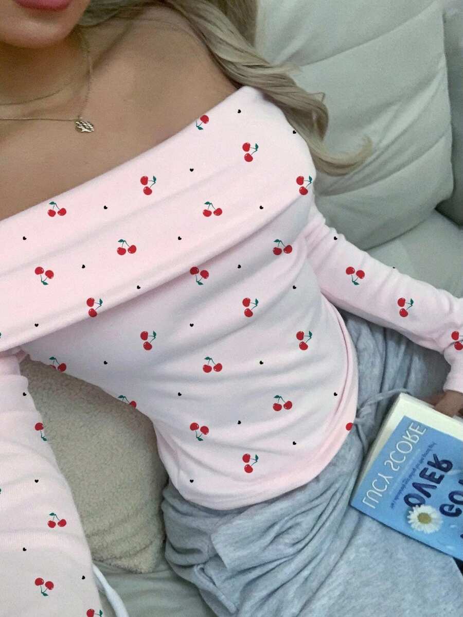 SHEIN EZwear 女式休闲简约樱桃心印花针织露肩紧身T恤 - 彩色 - 查看 1