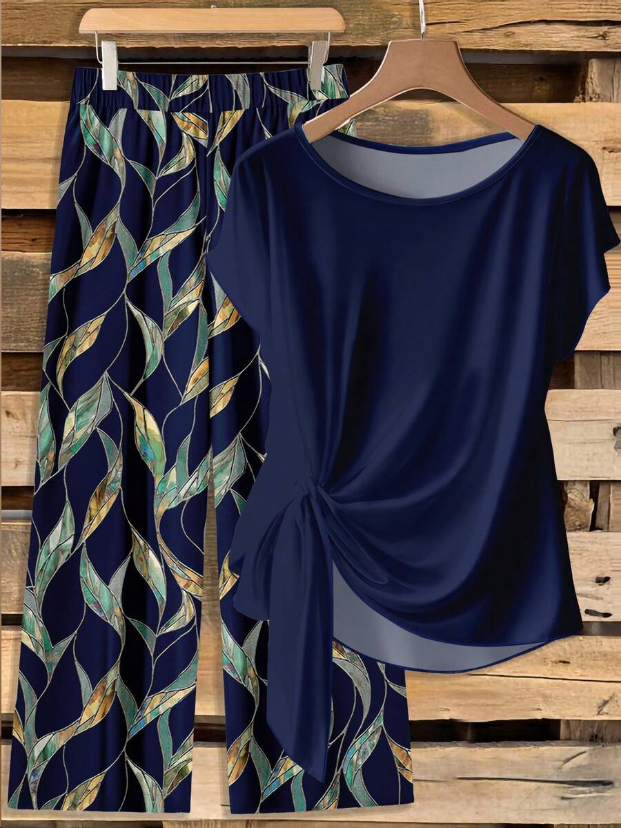 SHEIN Clasi 两件套女士休闲藏蓝色蝴蝶结衬衫和宽松直筒几何印花裤套装，适合初秋穿着 - 彩色 - 查看 1