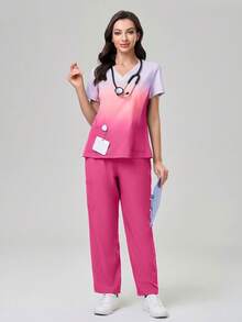 TaskEZ Conjunto de uniforme de scrubs con top de manga corta en degradado y pantalones de unicolor - Rosa - Ver 2