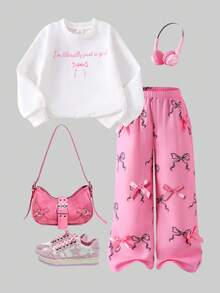 Sparklyn 两件套女童时尚粉色蝴蝶结印花白色圆领长袖上衣搭配粉色蝴蝶结装饰粉色裤子，甜美清爽风格，适合春秋冬季穿着。 - 白色 - 查看 1