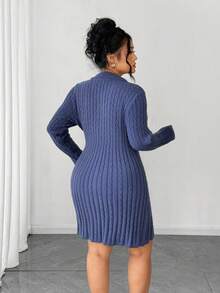 Elenzga 大码女式纯色针织 Polo 领扭纹腰修身刺绣长袖学院风简约优雅毛衣裙，秋冬 - 藏蓝色 - 查看 2