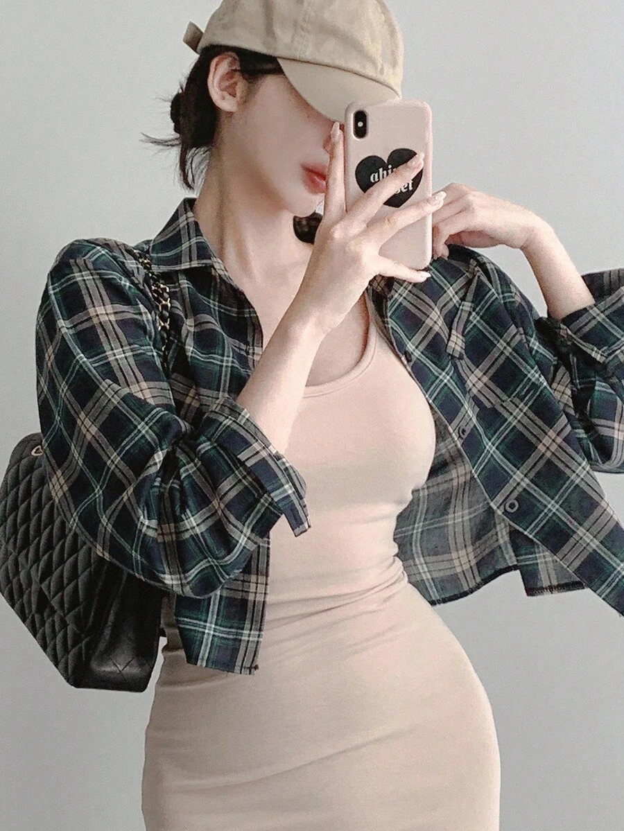 DAZY 女士春夏格子印花长袖休闲衬衫，短款，长袖上衣，法兰绒女装 - 黑色 - 查看 1