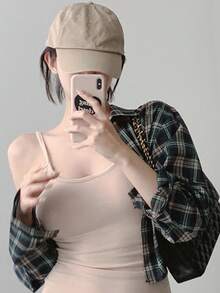 DAZY 女士春夏格子印花长袖休闲衬衫，短款，长袖上衣，法兰绒女装 - 黑色 - 查看 3