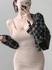 DAZY 女士春夏格子印花长袖休闲衬衫，短款，长袖上衣，法兰绒女装 - 黑色 - 查看 5