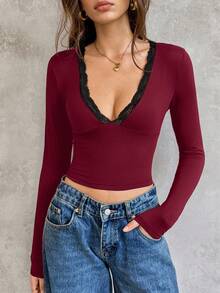 SHEIN Unity 1 件女式纯色深 V 领长袖蕾丝拼布修身短款上衣猎豹印花 T 恤，适合春季 - 酒紅色 - 查看 3
