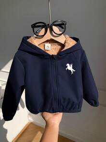 SHEIN 男女通用婴儿休闲连帽羊毛外套，卡其色，适合男婴和女婴，秋冬季 - 藏蓝色 - 查看 7