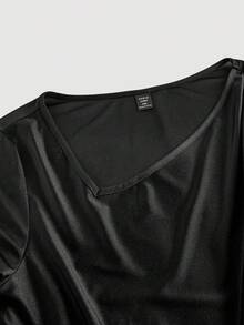 SHEIN MOD Đầm dài xoắn nhún bèo cổ lệch màu đen thanh lịch cỡ lớn - màu đen - Xem 5