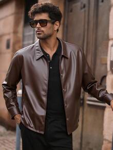 HIMLAND Men's Loose Fit Drop Shoulder Short Leather Jacket Brown, Fall, Winter