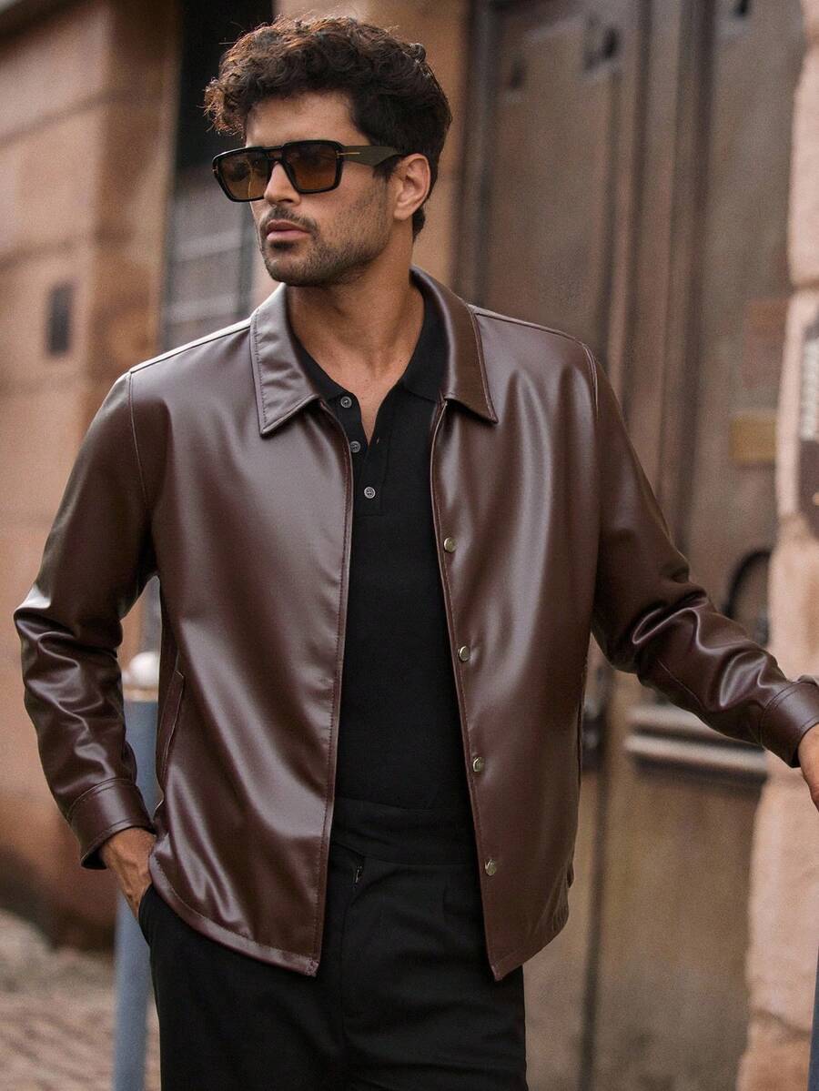 HIMLAND Men's Loose Fit Drop Shoulder Short Leather Jacket Brown, Fall, Winter