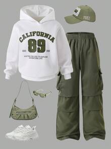 SHEIN Explorewe 2pcs Girls Chic Letter Print Hoodie Sweatshirt,Green Cargo Pants Outfit Autumn,School Back-To-School,Christmas Cow Boy,Green And White Streetwear - Army Green - View 4