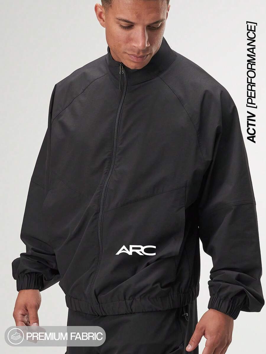 Men's Black Raglan Sleeve Zip-Up Casual Jacket, Autumn