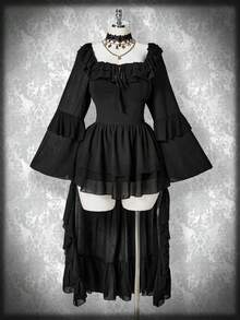 SHEIN ICON 大码黑色方领荷叶边下摆不对称下摆连衣裙、波西米亚风连衣裙、万圣节服装、水手服 - 黑色 - 查看 3