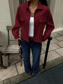 Siren Gaze 女士休闲百搭纯色短款大衣秋冬装 - 酒紅色 - 查看 5