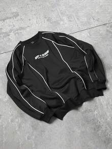 Claim Dot Men's Contrast Trim Letter Print Pullover Sweatshirt - Black - View 3