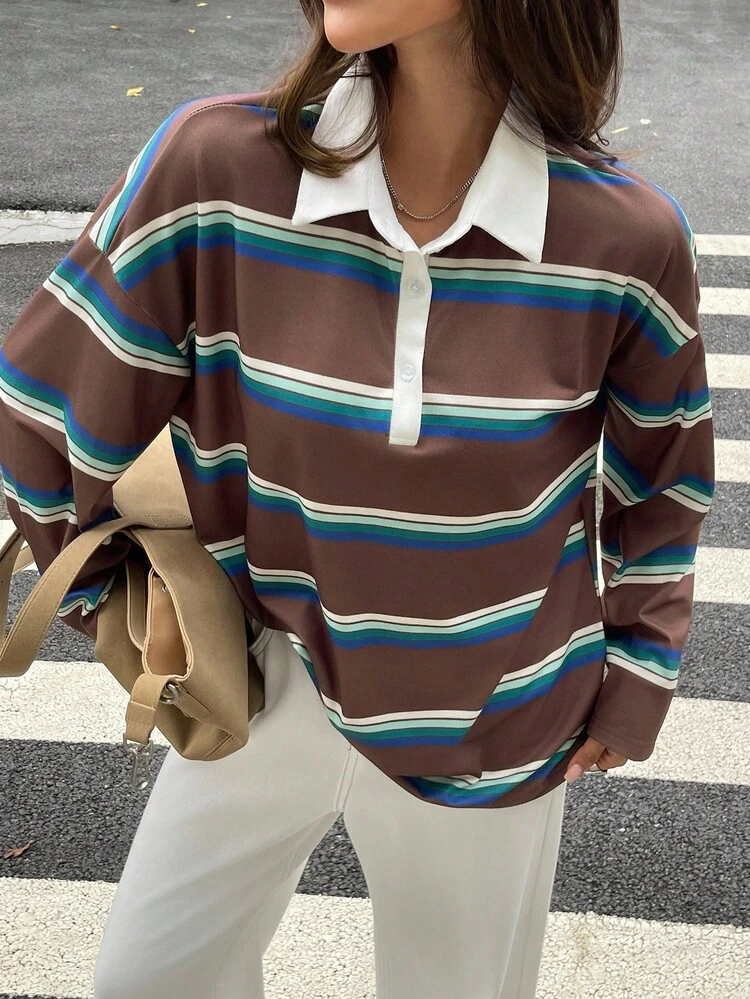 Color Block Striped Loose Fit Long Sleeve Women T-Shirt