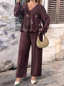 Modelyn 2pcs Plus Size Women Embroidered Lace Tie Front Long Sleeve Shirt And Pants Set Fall Cloth For Women