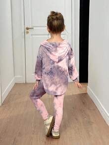 SHEIN 2 件年轻女孩青少年女孩服装，扎染不对称下摆落肩连帽衫和紧身裤 2 件服装，万圣节，舒适，秋冬，非常适合休闲和日常穿着和学校日常，酷街头女孩，Y2K 女孩，夏季，母女和姐妹搭配 - 彩色 - 查看 3