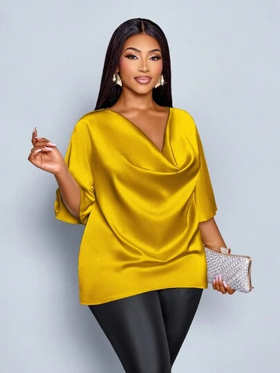 SOLERSUN Plus Size Women's Fashionable Solid Color Elegant Cowl Neck Stylish And Sophisticated Batwing Sleeve Blouse Summer