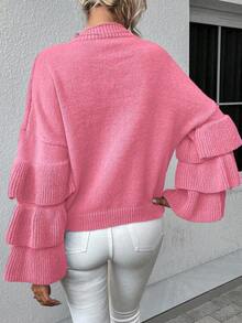 EMERY ROSE Women's Solid Color Round Neck Patchwork Ruffle Flare Sleeve Fashion Sweater, Autumn