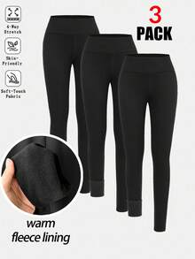SHEIN Tween-Mädchen 3-teiliges Set Basic Lässig Thermo-gefütterte Skinny Leggings mit hoher Taille, Schwarz, Herbst/Winter