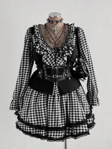 Sunspun Elegant Goth Black And White Autumn 70's Party Women Two Pieces Set,V-Neck Ruffle Patchwork Plaid 2 In 1 Top & Puff Cake Mini Skirt Japanese Outfit - Black and White - View 9