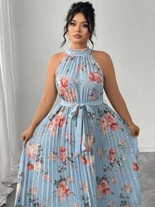 Elenzga Đầm maxi cổ yếm xếp ly họa tiết hoa lãng mạn, thanh lịch, quyến rũ cỡ lớn dành cho nữ - Màu xanh lam - Xem 3