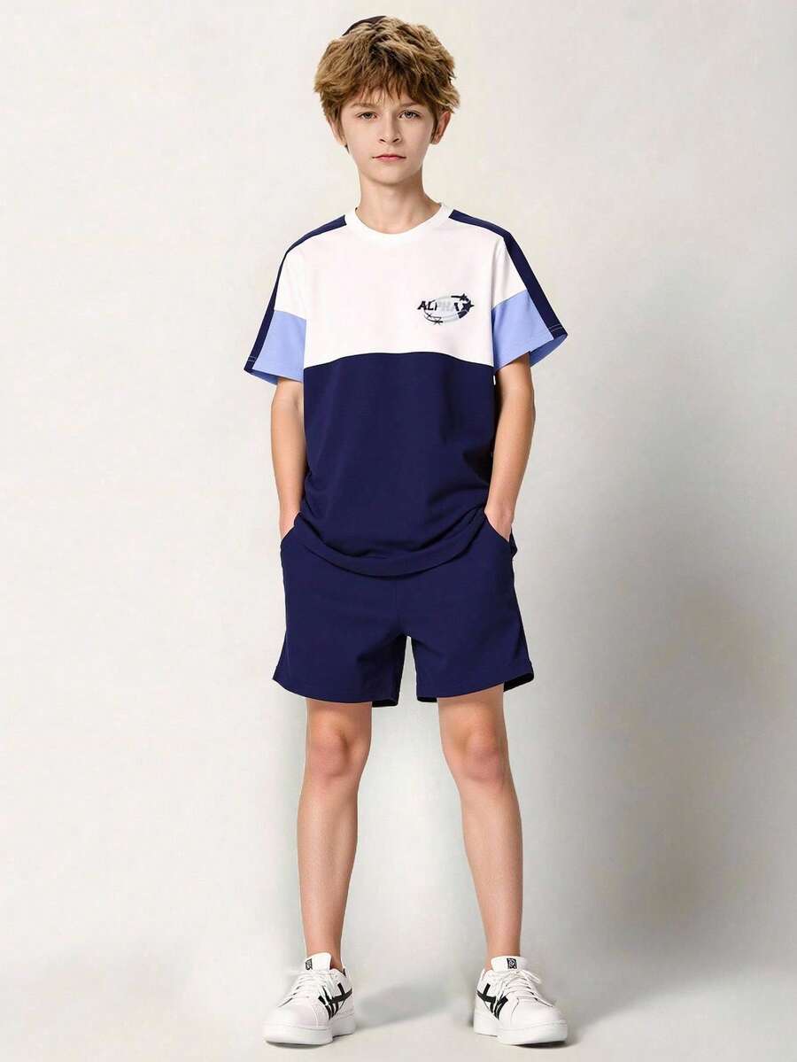 SHEIN 2 pezzi/set Completo estivo da bambini 8-12 anni, maniche corte bicolore blu e bianco - Blu - Visualizzare 1