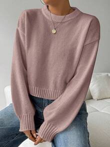 EMERY ROSE Tropiluxe 女式纯色简约休闲圆领长袖白色毛衣 - 藕粉色 - 查看 5