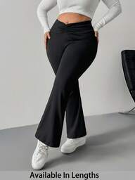 SHEIN PETITE CURVE Plus Size Solid Ruched Flared Leggings For Women , Suitable For Autumn And Winter Suitable For Going Out