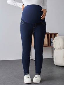 SHEIN Maternity Navy Blue Skinny Jeans For Pregnant Women,Thermal Lined Over The Bump Denim With Stretchy Belly Panel,Smart Casual Autumn Winter Streetwear - Blue - View 3