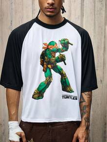 ROMWE MEN TEENAGE MUTANT NINJA TURTLES X ROMWE 男式街头风格龟纹印花撞色插肩袖T恤 - 黑與白 - 查看 7
