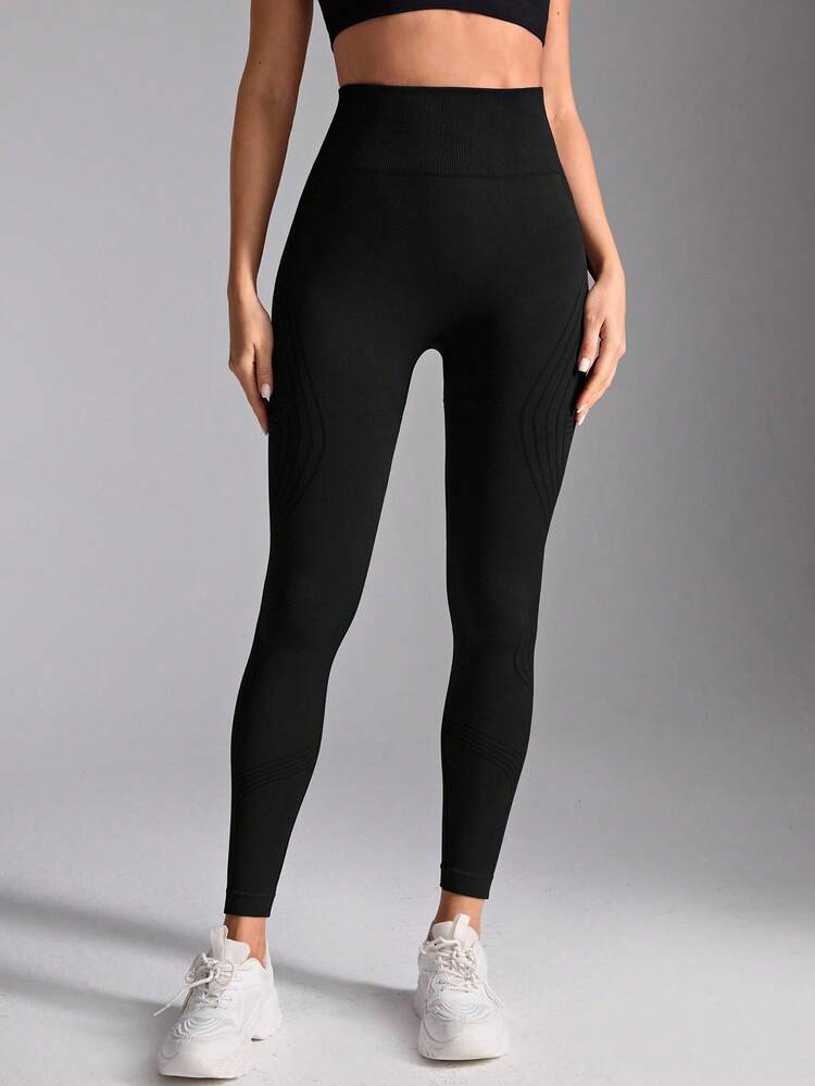 Seamluxe SHEIN Sport 女式无缝纯色高腰修身运动紧身裤 - 黑色 - 查看 2