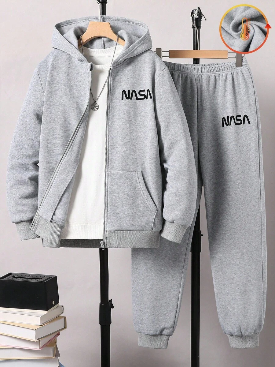 SHEIN 两件套青少年男孩灰色拉链连帽休闲运动服 - 灰色 - 查看 1