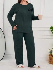 EURMUSE 100%Cotton 2Pcs Plus Cotton Slogan Printed Long Sleeve Shirt And Long Bottom PJ Set Womens Pajama Set Womens 2 Piece Pajama Set Womens Sleepwear Set Womens Lounge Set - Army Green - View 3