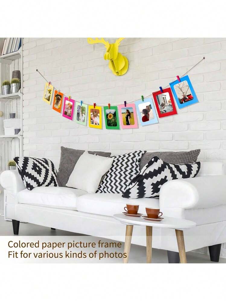 1 Set/21 Pcs Paper Photo Frame, 10pcs Kraft Hanging Picture Frames Display For 4x6in Photo, Cardboard Photo Frames 10 Clothespins With 1 Rope For Birthday, Wedding, Engagement,Anniversary, Valentine's Day And Graduation Party Decor - 彩色 - 查看 9