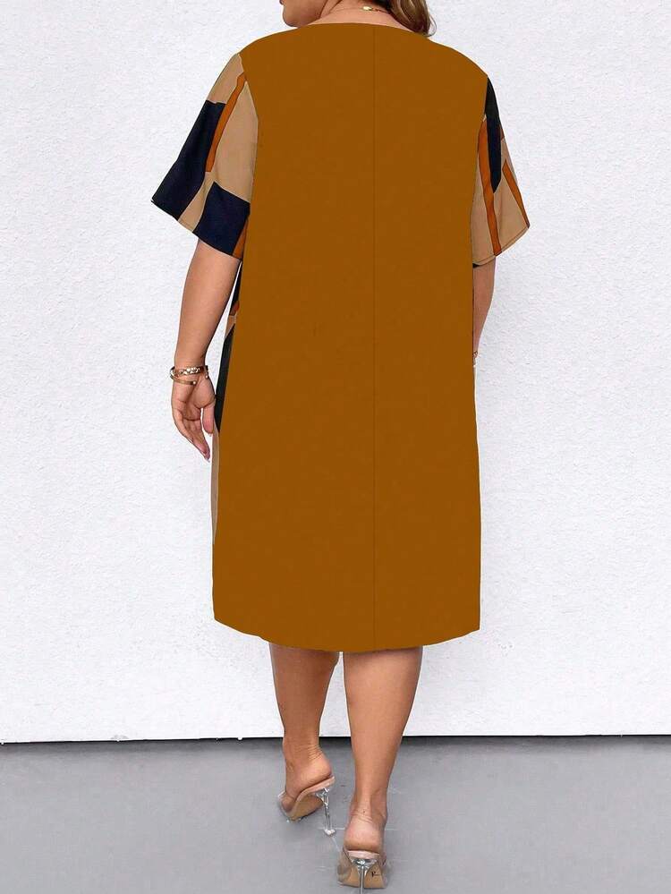 EMERY ROSE Vestido casual de manga corta con cuello redondo y estampado gráfico para verano en tallas grandes - Amarillo - Añade 2