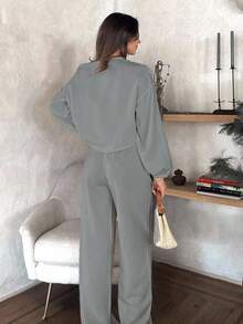 EURMUSE Set de două piese pentru femei, culoare solidă, cu mâneci balon, cu papion în față și croială largă - Gri deschis - Vizualizare 2