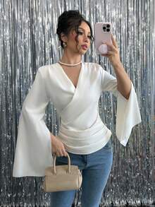 Rafferiza 女士纯色褶皱 V 领长袖休闲衬衫