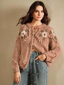 Anewsta Handmade Embroidered Thick Knit Cardigan Sweater Jacket For Women, Autumn/Winter - Coral Pink - View 3