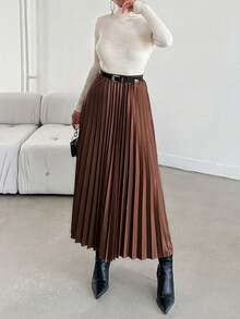 EURMUSE 高腰百褶PU皮革半身裙不附腰帶