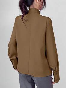 EMERY ROSE Áo sơ mi cổ buộc màu trơn thanh lịch cho đi làm, mùa thu - màu nâu - Xem 2