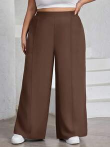 SHEIN CURVE+ 大码女式纯色褶皱裤，黑色宽松阔腿裤，曲线加大，Hoho 度假 - 棕色 - 查看 7