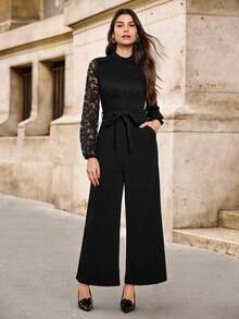 EMERY ROSE Women Jumpsuits Berikat Kontras Lace Zip Plain Anggun - Hitam - View 1