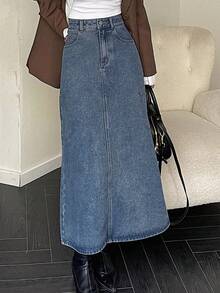 Dazy Designer 春夏休闲牛仔半身裙，斜插口袋，侧开衩设计 - 藍色 - 查看 3