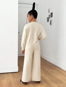 SHEIN Tween Girls Apricot Knit Set, Loose Knit Sweater + Pants 2 Pieces Casual Fashionable Versatile Outfit In Fall/Winter - Apricot - View 2