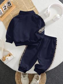 2 件套男婴/女婴休闲运动服，宽松字母图案印花装饰拉链夹克和裤子套装，适合外出、上学、聚会、秋冬返校服装，加厚羊毛 - 彩色 - 查看 2