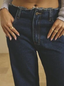 Aralina 女士休闲牛仔夏/秋/冬 Y2K 90 年代复古高腰流苏腰带牛仔裤，非常适合乡村音乐会服装、教师服装和万圣节服装 - 深色水洗藍 - 查看 10